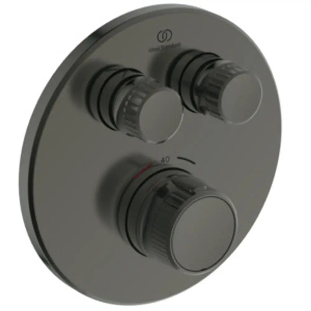 Brausethermostat in Rundform mit drei Bedienelementen in Magnetic Grey, versehen mit dem Logo von Ideal Standard.